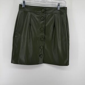 Express Faux Leather Skirt Women 6 Olive Green Mini Button Front High Waist Edgy